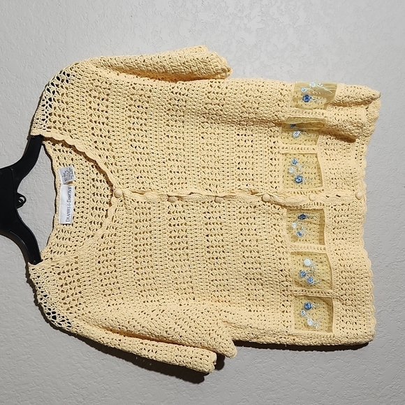 Drapers & Damons Cardigan Size L Vintage Crochet Yellow Short Sleeve Floral - Picture 1 of 6